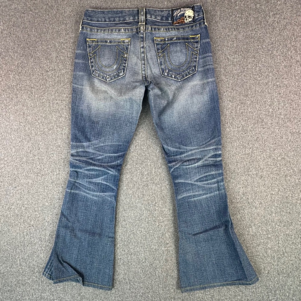 True Religion Jeans Womens 29 Carrie Blue Distressed Flare Made in USA EXCELLENT